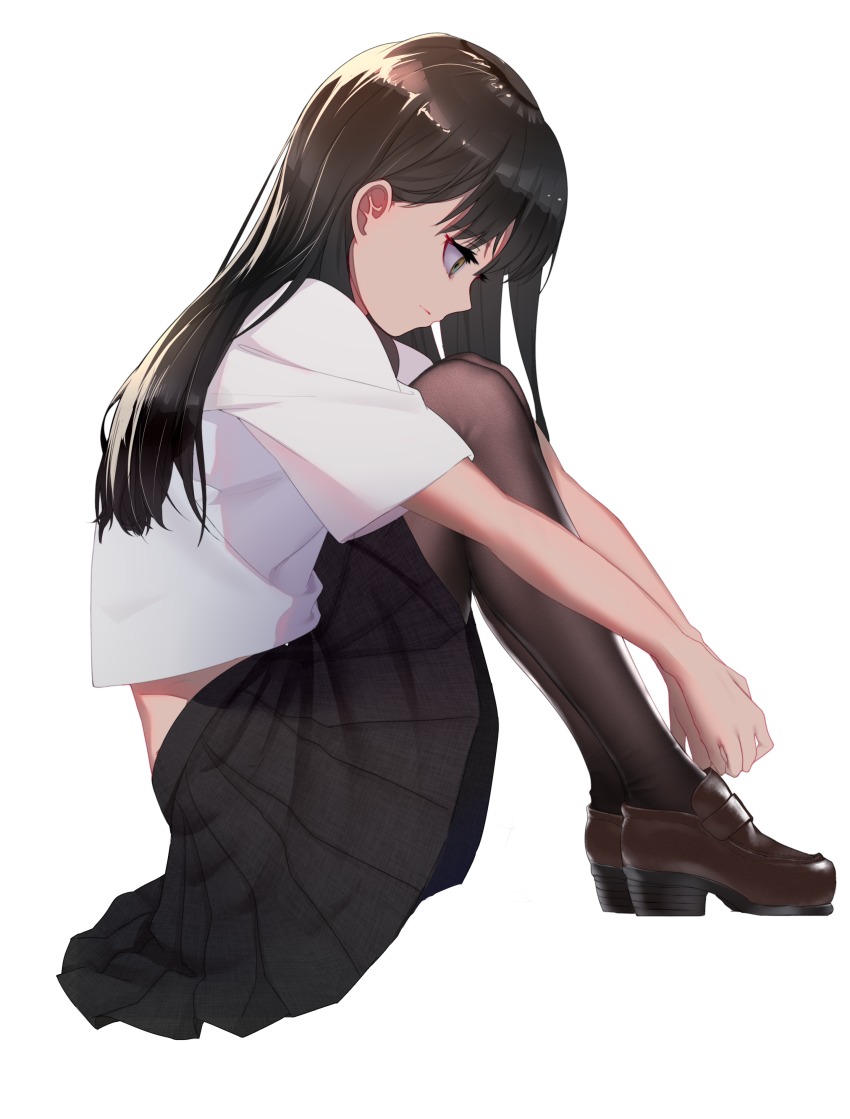 1girl, abi_(kabe), absurdres, black_hair, black_pantyhose, black_skirt, brown_eyes, brown_shoes