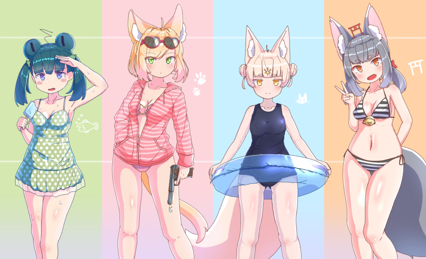 4girls, ahoge, animal_ear_fluff, animal_ears, bell, bikini, bikini_under_clothes, blue_eyes
