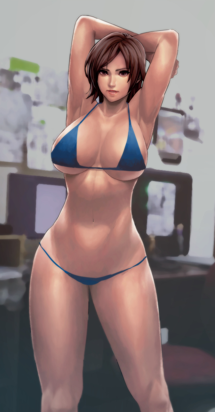 1girl, absurdres, armpits, arms_behind_head, arms_up, bare_arms, bare_shoulders, bikini