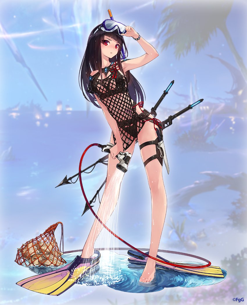 barefoot, beach, bikini, black_hair, black_killers_(phantom_of_the_kill), bracelet, company_name, diving_mask, fishing_net, fishnet_fabric, flippers, goggles, harpoon, harpoon_gun, hose, jagged_rocks, jewelry, knife, knife_sheath, looking_at_viewer, masamune_(phantom_of_the_kill), night, official_art, palm_tree, phantom_of_the_kill, red_eyes, seashell, sheath, shell, sky, snorkel, solo, speargun, spraying, summer, swimsuit, tree, water