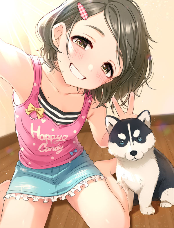 1girl, animal, armpits, baby_animal, bare_arms, bare_shoulders, barefoot, blue_bow