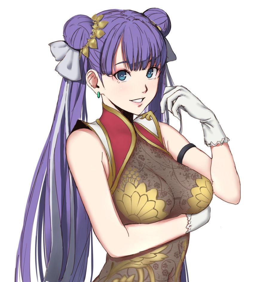 1girl, armlet, blue_eyes, bow, breasts, chinese_clothes, double_bun, earrings