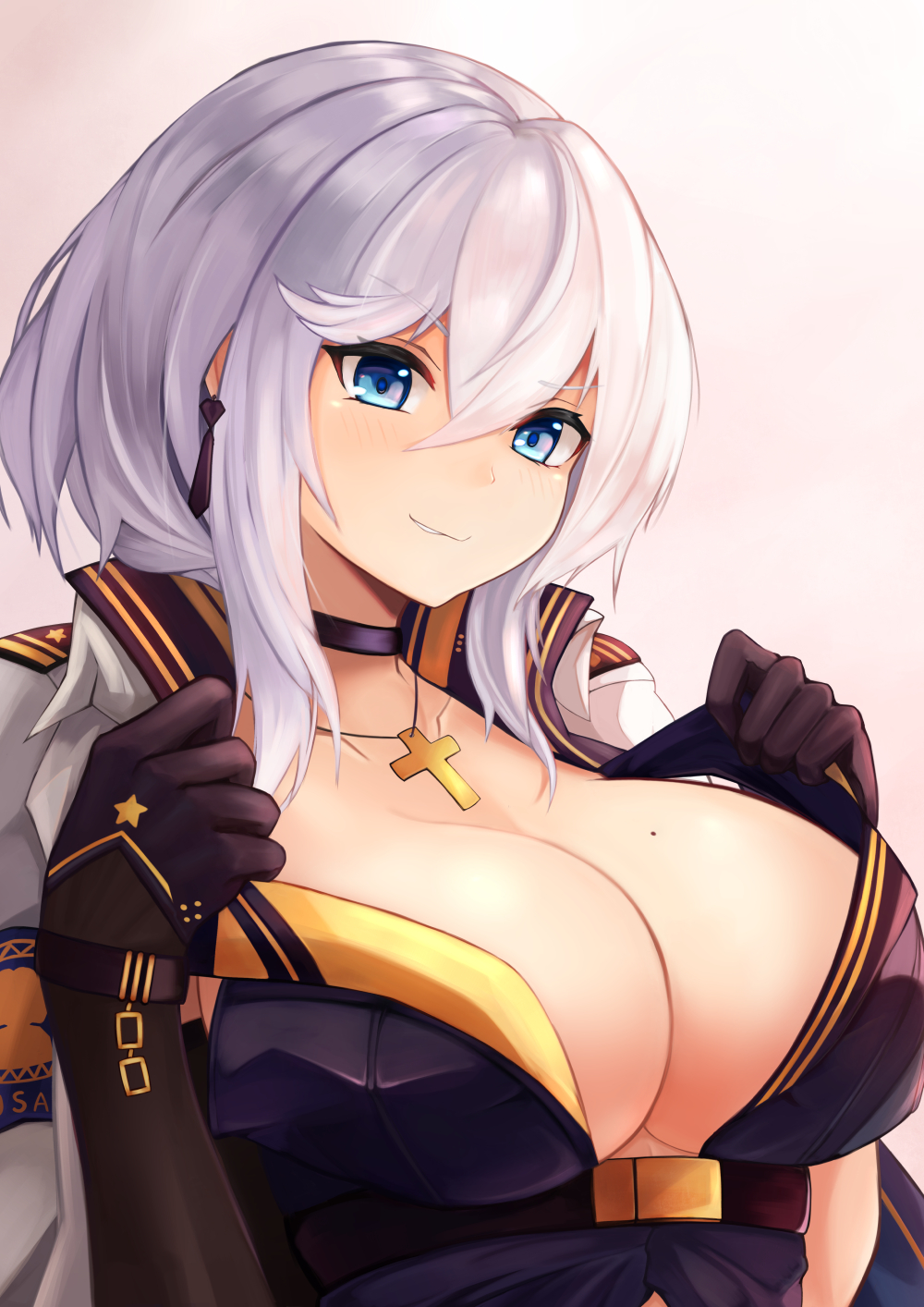 1girl, azur_lane, black_gloves, blue_eyes, blush, breasts, choker, cleavage