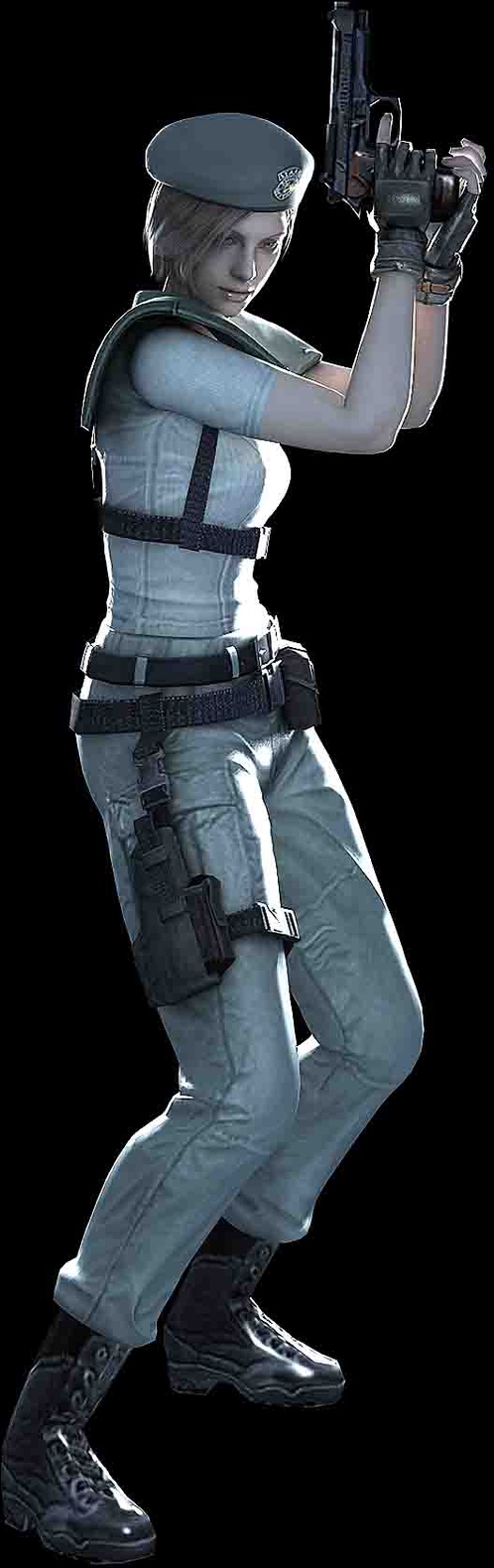 beret, brown_hair, fingerless_gloves, gloves, gun, hat, highres, jill_valentine