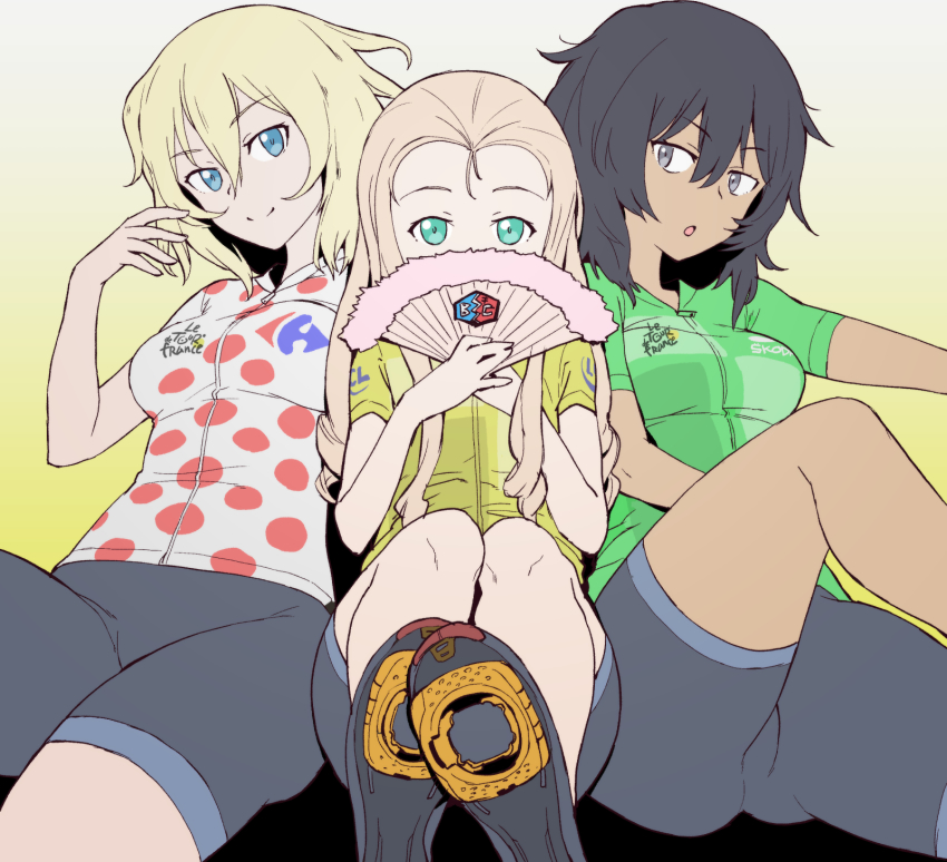 10s, 3girls, :o, andou_(girls_und_panzer), bc_freedom_(emblem), bike_jersey, bike_shorts, black_eyes, black_footwear, black_hair, black_shorts, blonde_hair, blue_eyes, commentary_request, covering_own_mouth, dark-skinned_female, dark_skin, drill_hair, emblem, folding_fan, foreshortening, girls_und_panzer, green_eyes, green_shirt, hand_fan, head_tilt, highres, long_hair, looking_at_viewer, marie_(girls_und_panzer), medium_hair, messy_hair, multiple_girls, onsen_tamago_(hs_egg), open_mouth, oshida_(girls_und_panzer), polka_dot, red_shirt, shirt, shoes, short_sleeves, shorts, sitting, tour_de_france, yellow_shirt