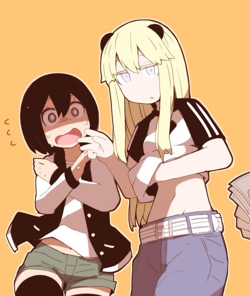 belly, belt, black_legwear, blonde_hair, clothes_lift, colored_eyelashes, denim, hen_zemi