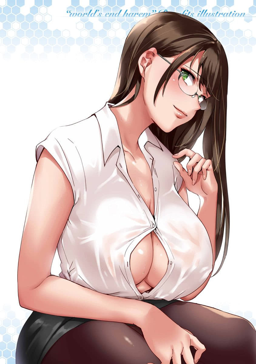 1girl, bare_arms, bare_shoulders, black_pantyhose, black_skirt, blush, breasts, brown_hair, button_gap, cleavage, closed_mouth, collarbone, collared_shirt, covered_erect_nipples, cowboy_shot, eyelashes, female_focus, fingernails, formal_clothes, glasses, green_eyes, hand_on_own_leg, hand_up, hanyuu_yuzuki, head_tilt, highres, large_breasts, long_fingernails, long_hair, looking_at_viewer, miniskirt, nail_polish, office_lady, open_clothes, open_shirt, pantyhose, pencil_skirt, pink_lips, pink_nails, rimless_eyewear, scan, shirt, short_sleeves, shouno_kotarou, shuumatsu_no_harem, sideways_glance, skirt, sleeveless, sleeveless_shirt, smile, solo, unbuttoned, unbuttoned_shirt, white_background, white_shirt