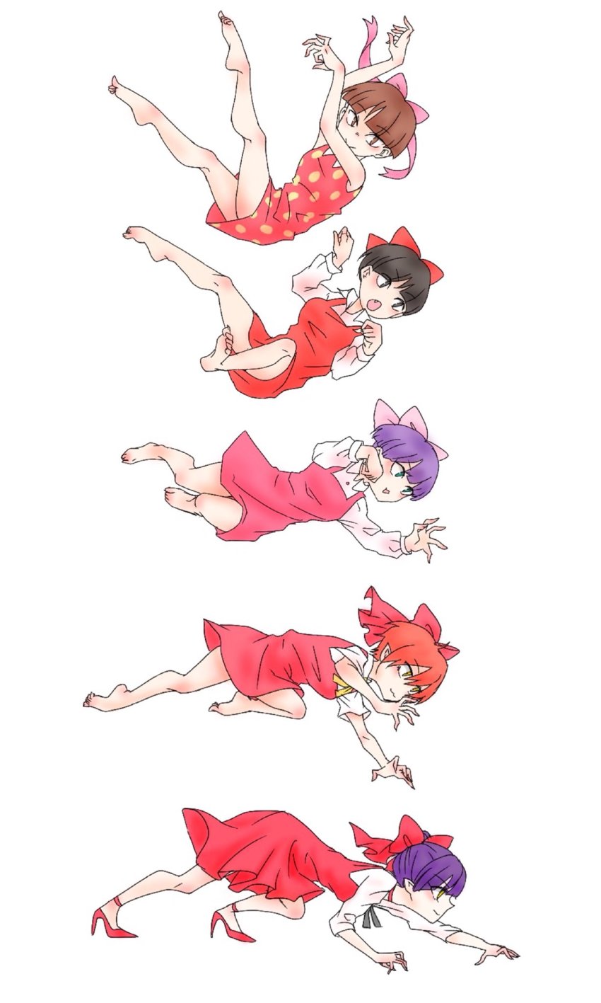 5girls, :3, all_fours, barefoot, black_neckwear, blunt_bangs, bob_cut, bow