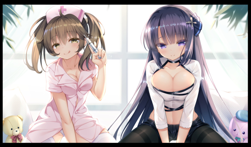 2girls, :q, beret, between_legs, black_border, black_legwear, black_ribbon, black_shorts