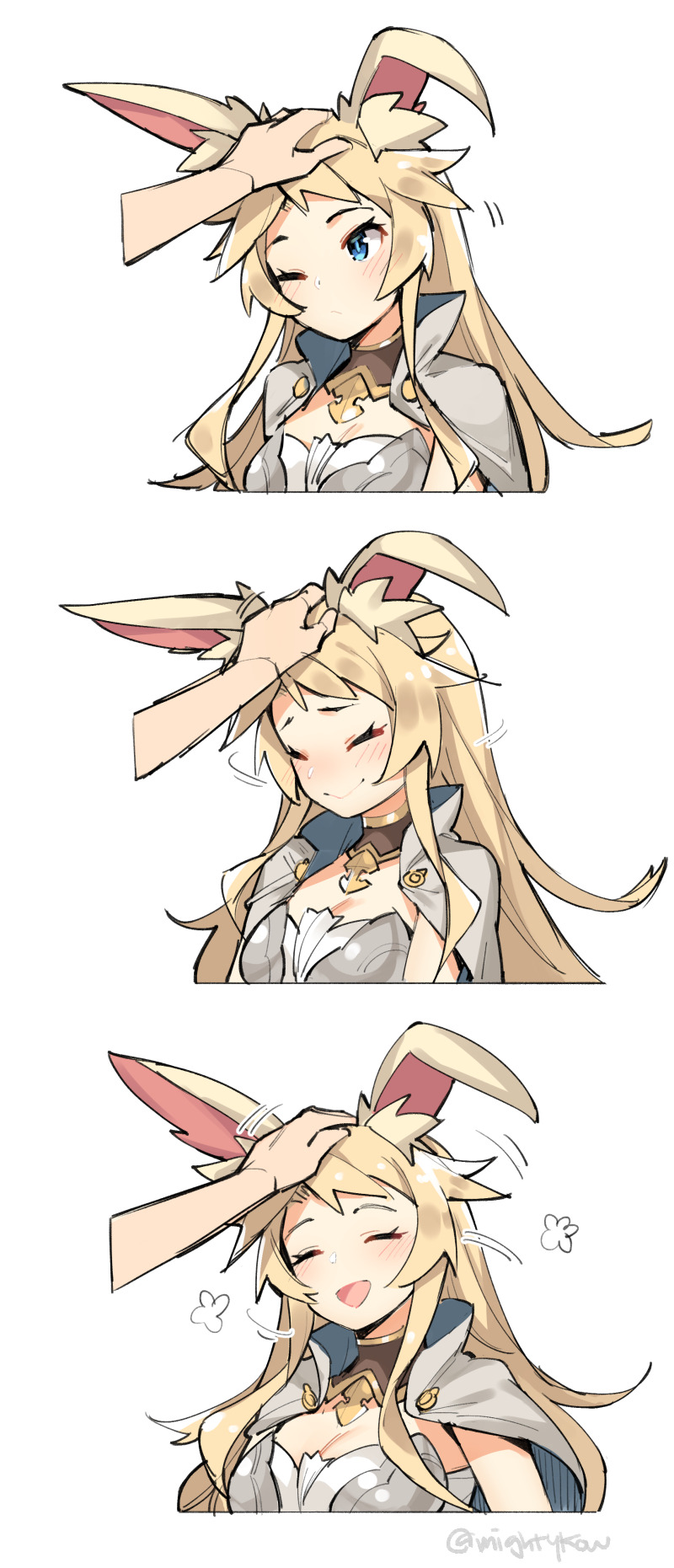 1girl, 1other, 3koma, animal_ear_fluff, animal_ears, blonde_hair, blue_eyes, blush, cape, collared_cape, comic, commentary_request, doodle, dragalia_lost, eleonora_(dragalia_lost), ge-b, headpat, highres, long_hair, rabbit_ears, rabbit_girl, sidelocks, smile, solo_focus, upper_body, very_long_hair, white_cape