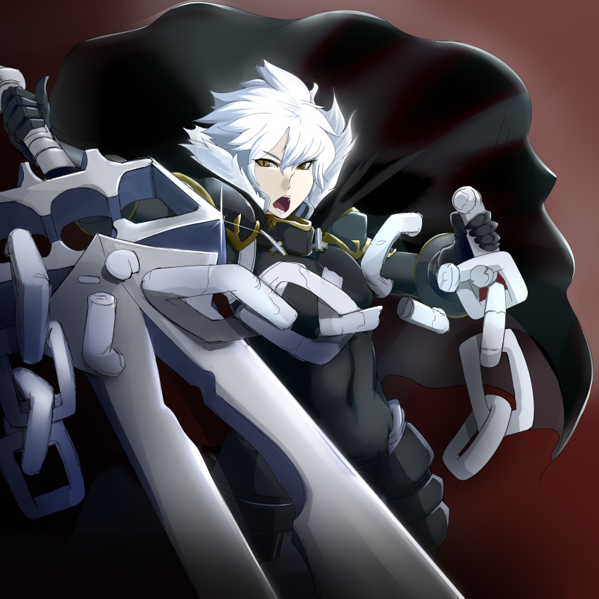 1boy, :o, absurdres, armor, black_cape, black_gloves, broken, broken_chain