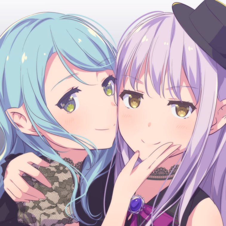 2girls, aiba_aina, aqua_hair, arm_around_shoulder, ayasaka, bang_dream!, bang_dream!_girls_band_party!, black_choker, black_hat, blush, brooch, brown_eyes, cheek-to-cheek, choker, closed_mouth, commentary_request, couple, female_focus, green_eyes, hand_on_another's_chin, hand_up, hat, heads_together, hikawa_sayo, jewelry, kudou_haruka_(voice_actor), lace, lace_choker, lace_trim, light_purple_hair, long_hair, looking_at_viewer, minato_yukina, multiple_girls, photo-referenced, portrait, sleeveless, smile, upper_body, voice_actor_connection, yellow_eyes, yuri