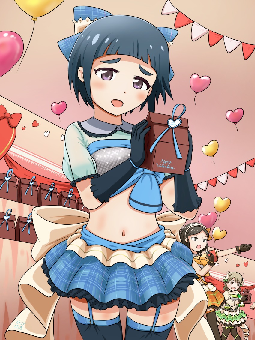 3girls, :o, absurdres, bag, balloon, black_gloves, black_legwear, blue_bow