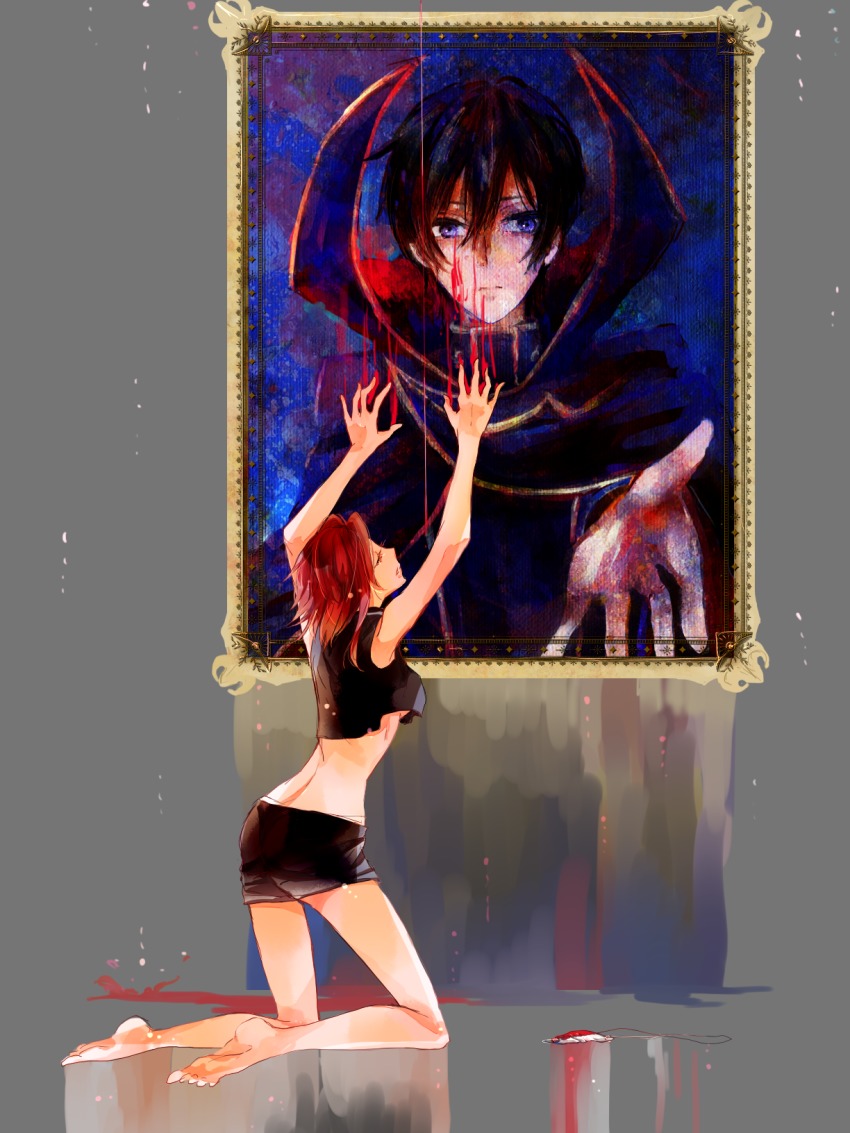 1boy, 1girl, abstract, arms_up, bare_arms, bare_legs, barefoot, black_hair