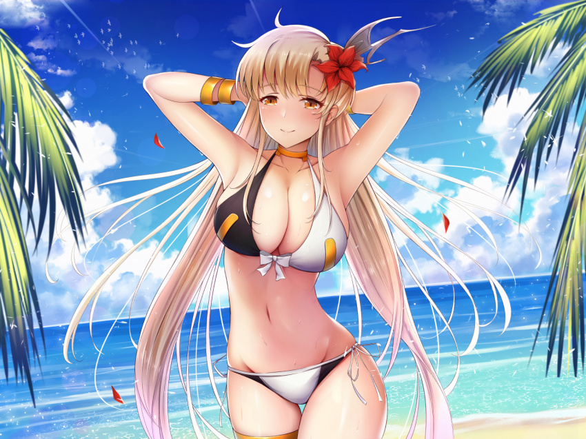 1girl, armpits, arms_behind_head, arms_up, bare_shoulders, beach, bikini, black_bikini, blonde_hair, blush, bracelet, breasts, choker, cleavage, closed_mouth, collarbone, day, female_focus, flower, hair_flower, hair_ornament, highres, hip_focus, jewelry, kannko_bokujou, langrisser, large_breasts, long_hair, looking_at_viewer, multicolored_bikini, navel, ocean, palm_tree, riana_(langrisser), smile, solo, swimsuit, thighs, tree, two-tone_bikini, very_long_hair, white_bikini, yellow_eyes