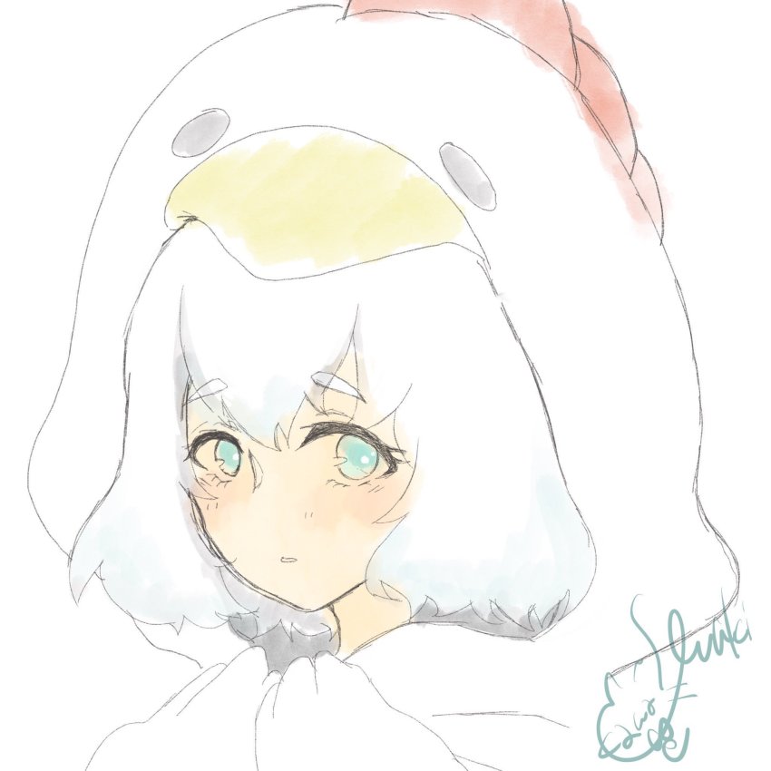 10s, 1girl, bad_id, bad_twitter_id, blue_eyes, chicken_costume, close-up, commentary_request, female_focus, highres, hood, kawase_maki, konno_junko, looking_at_viewer, short_hair, signature, sketch, solo, white_background, white_hair, zombie_land_saga