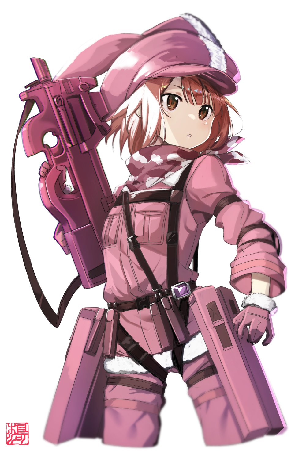1girl, animal_ears, brown_eyes, brown_hair, bullpup, cropped_legs, cute_weapon, fake_animal_ears
