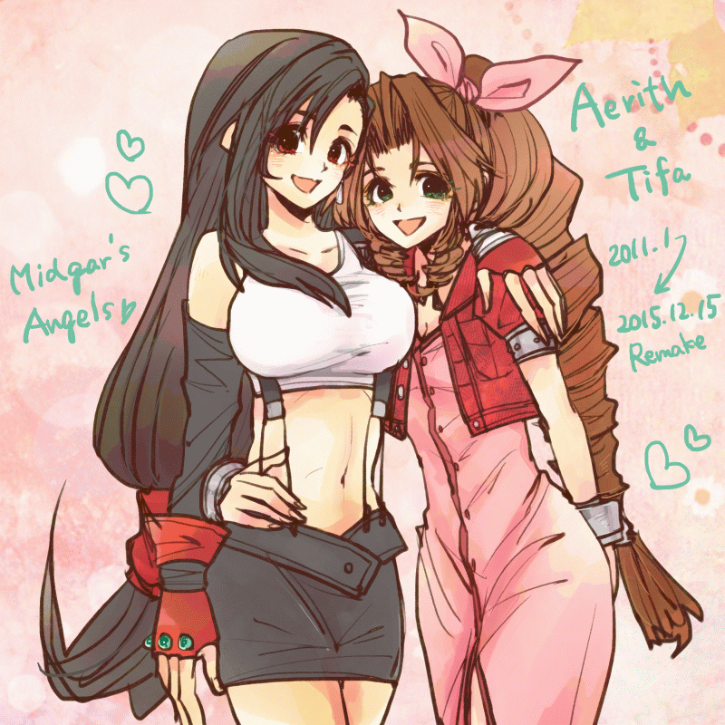 2girls, :d, aerith_gainsborough, bare_legs, belt, black_detached_sleeves, black_hair, black_skirt