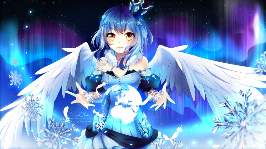 album_cover, angel_wings, artist_name, aurora, bare_shoulders, blue_dress, blue_hair, cover