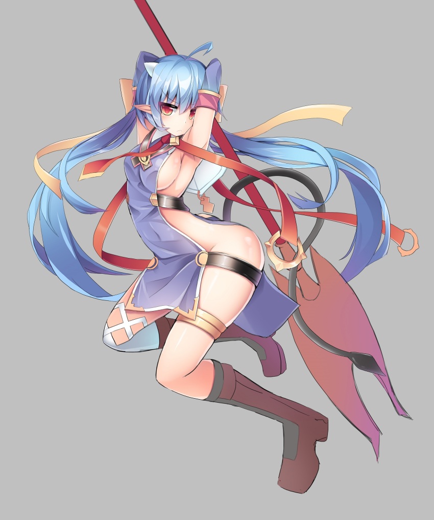 arms_up, axe, bad_id, bad_pixiv_id, blue_hair, bow, breasts, brown_footwear