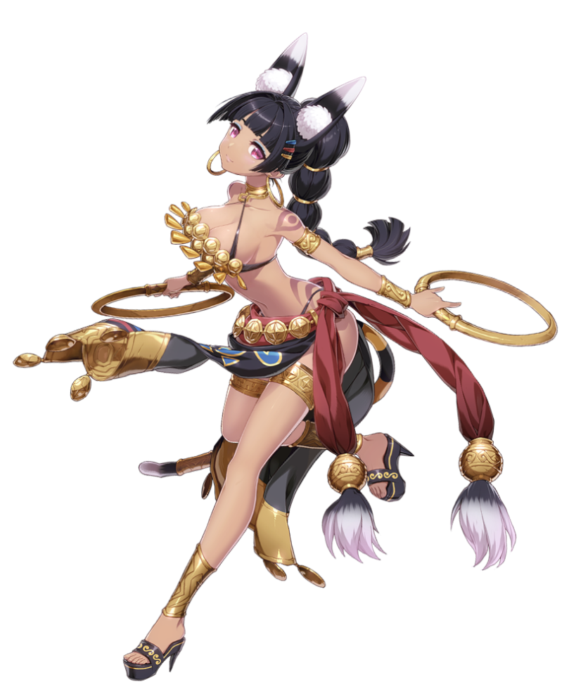 1girl, animal_ear_fluff, animal_ears, armlet, bare_shoulders, black_sandals, blunt_bangs, bracelet, breasts, cat_ears, cat_tail, cleavage, collarbone, dark-skinned_female, dark_skin, earrings, epic_seven, eyeshadow, female_focus, full_body, hair_ornament, hairclip, high_heel_sandals, high_heels, hoop, hoop_earrings, jewelry, large_breasts, long_hair, makeup, navel, official_art, ponytail, rin_(epic_seven), sandals, smile, solo, standing, tail, tattoo, thighlet, transparent_background