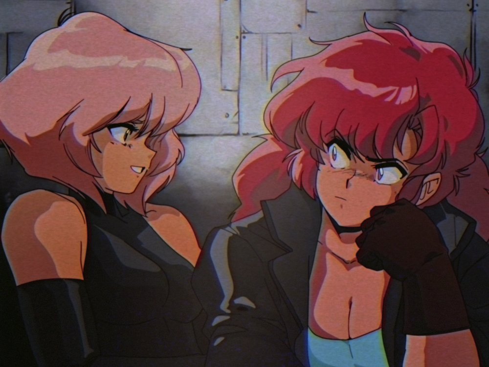1990s_(style), 2girls, big_hair, breasts, brown_gloves, cleavage, commentary, dark-skinned_female, dark_skin, david_liu, elbow_gloves, english_commentary, gloves, head_rest, jacket, leather, leather_jacket, long_hair, maria_(space_maria), medium_breasts, multiple_girls, pi_(space_maria), pink_hair, red_hair, retro_artstyle, short_hair, sleeveless, sleeveless_turtleneck, small_breasts, space_maria, turtleneck, vhs_artifacts