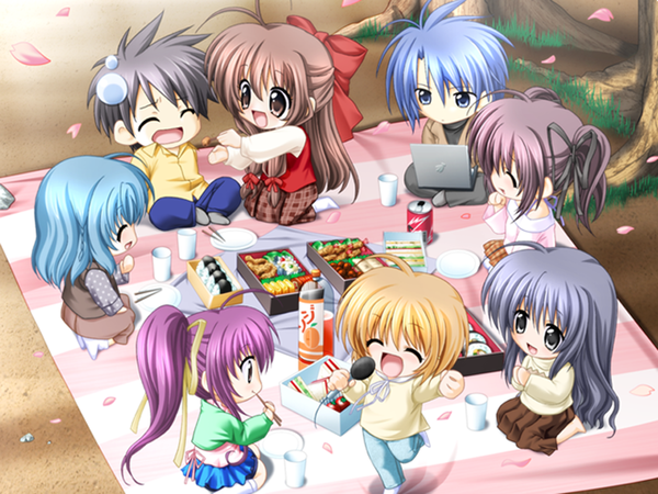 00s, 2boys, 6+girls, :d, ^_^, apron, arm_up, black_eyes