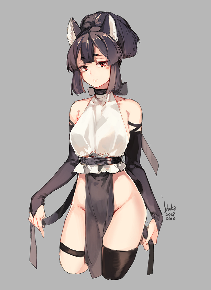 1girl, animal_ears, artist_name, bare_shoulders, black_gloves, black_hair, black_thighhighs, blunt_bangs