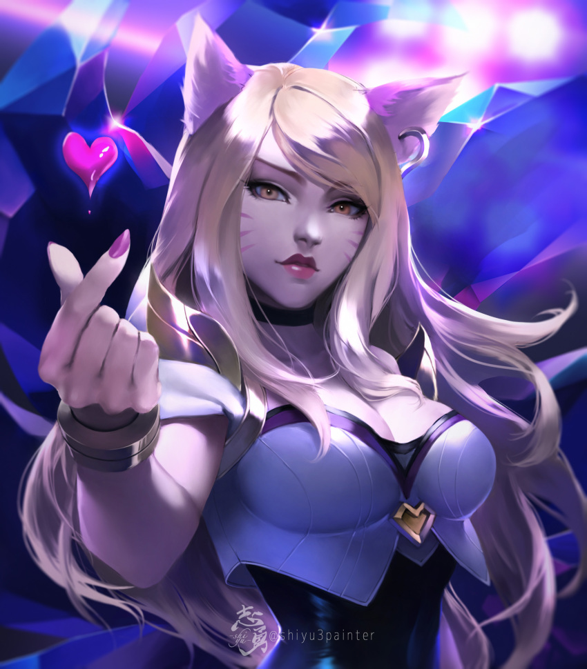 1girl, ahri_(league_of_legends), animal_ears, armor, black_leotard, blonde_hair, bracelet, breasts