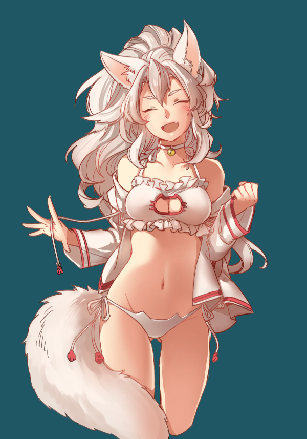 1girl, animal_ears, bare_legs, bare_shoulders, bell, blue_background, bra, breasts