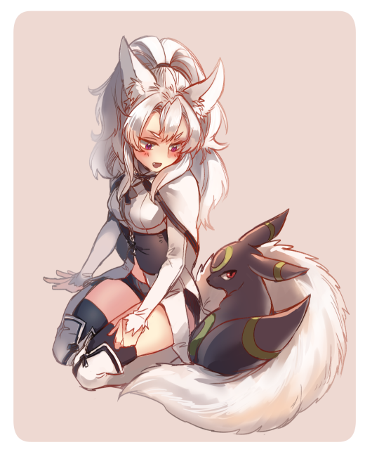 1girl, animal_ears, beige_background, black_thighhighs, boots, breasts, capelet, chinese_commentary