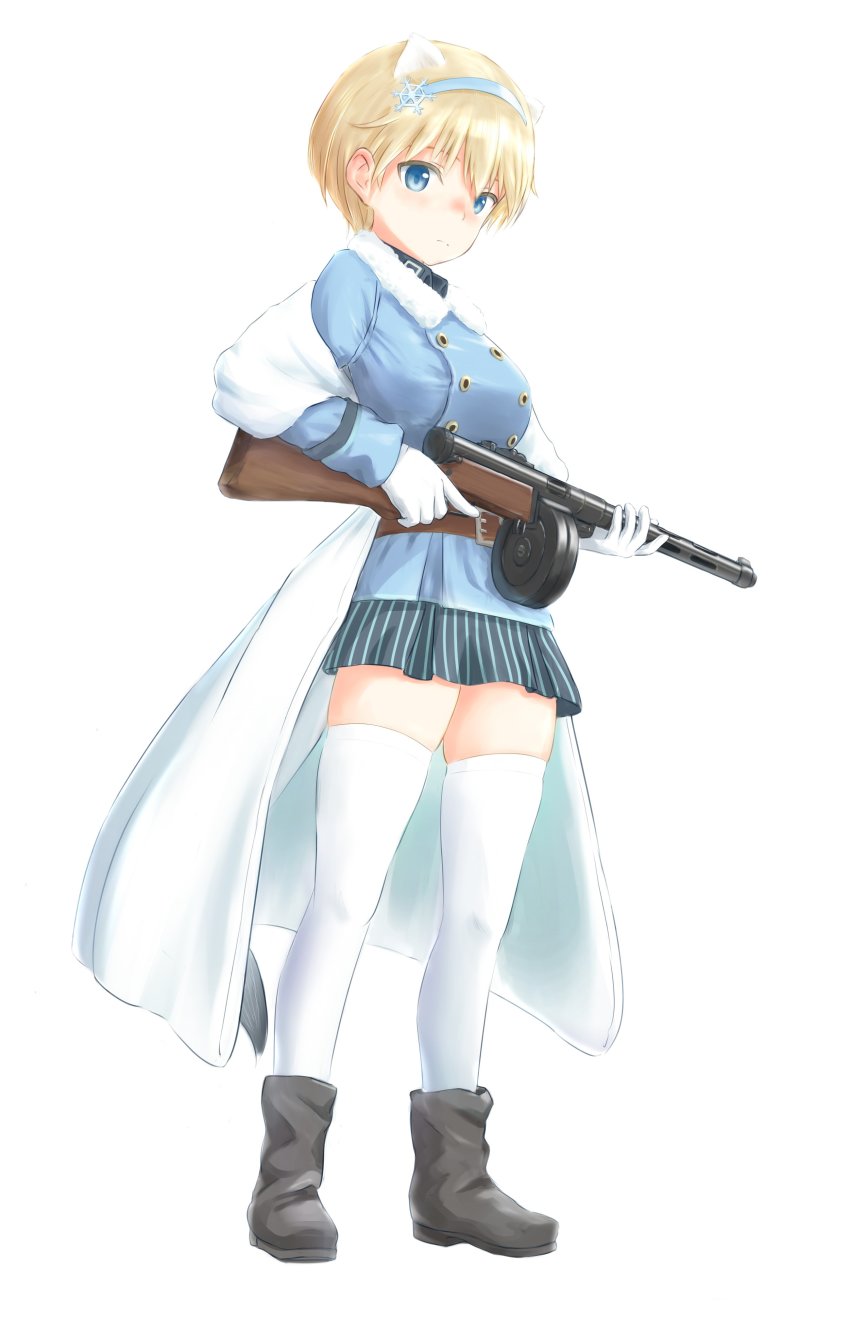 1girl, absurdres, animal_ears, blonde_hair, blue_dress, blue_eyes, coat, commentary_request