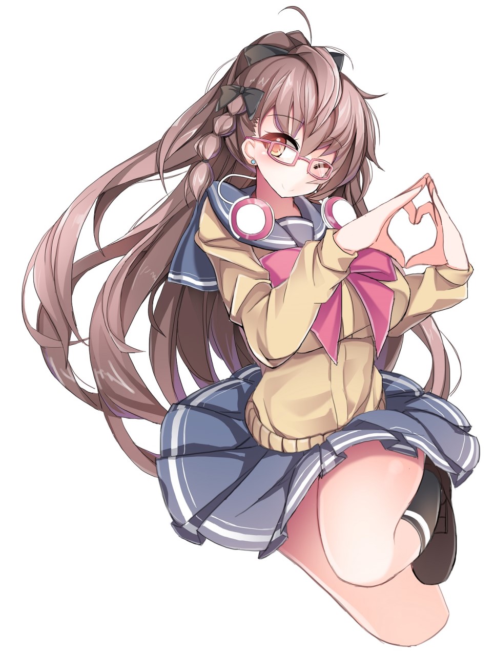 1girl, ;), bad_id, bad_pixiv_id, black_bow, black_shoes, blue_skirt, bow