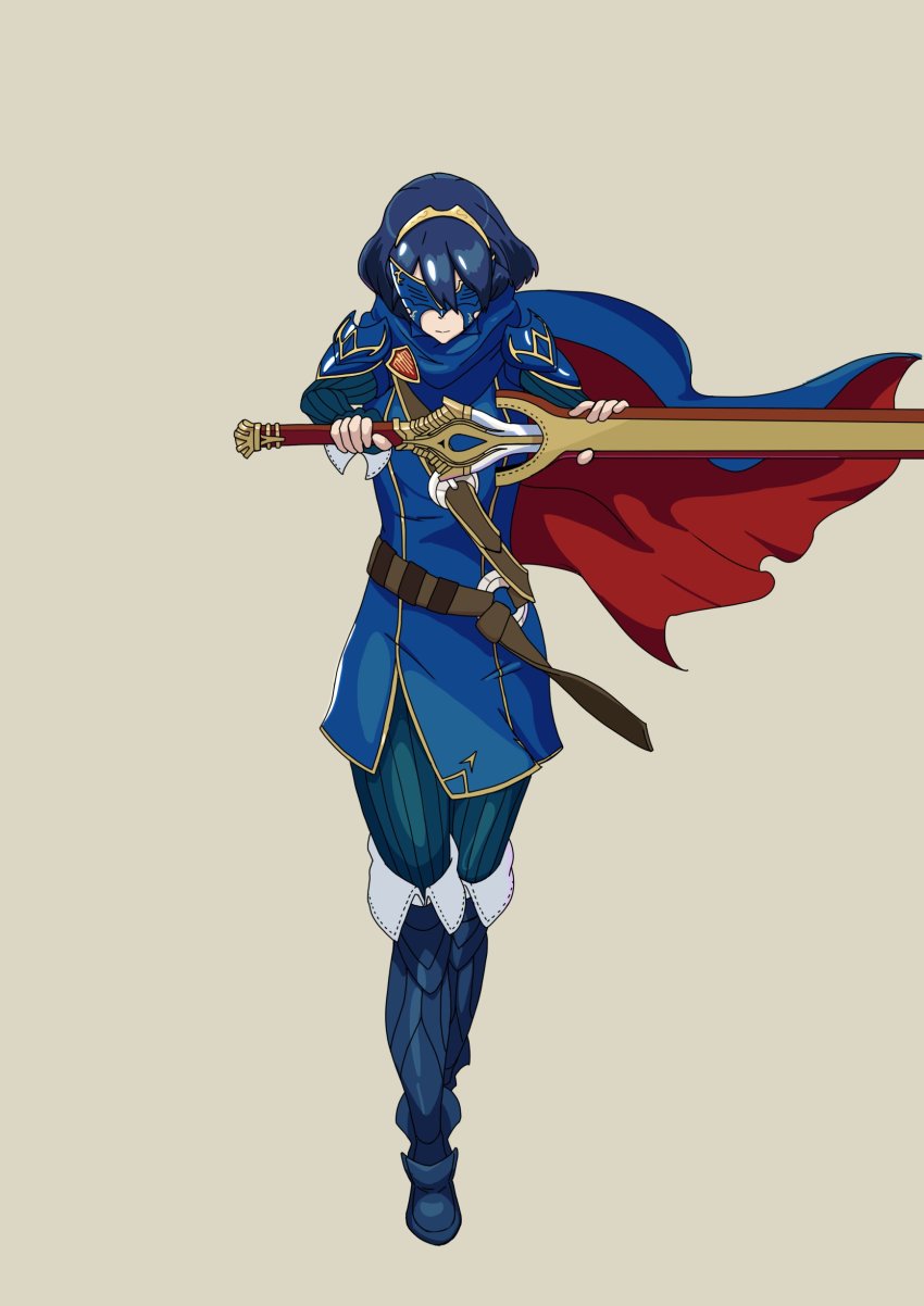 1girl, absurdres, armor, bad_id, bad_twitter_id, blue_hair, cape, dangoyan, falchion_(fire_emblem), female_focus, fingerless_gloves, fire_emblem, fire_emblem_awakening, gloves, highres, lucina_(fire_emblem), marth_(fire_emblem_awakening), mask, nintendo, open_mouth, reverse_trap, short_hair, simple_background, solo, sword, tiara, weapon