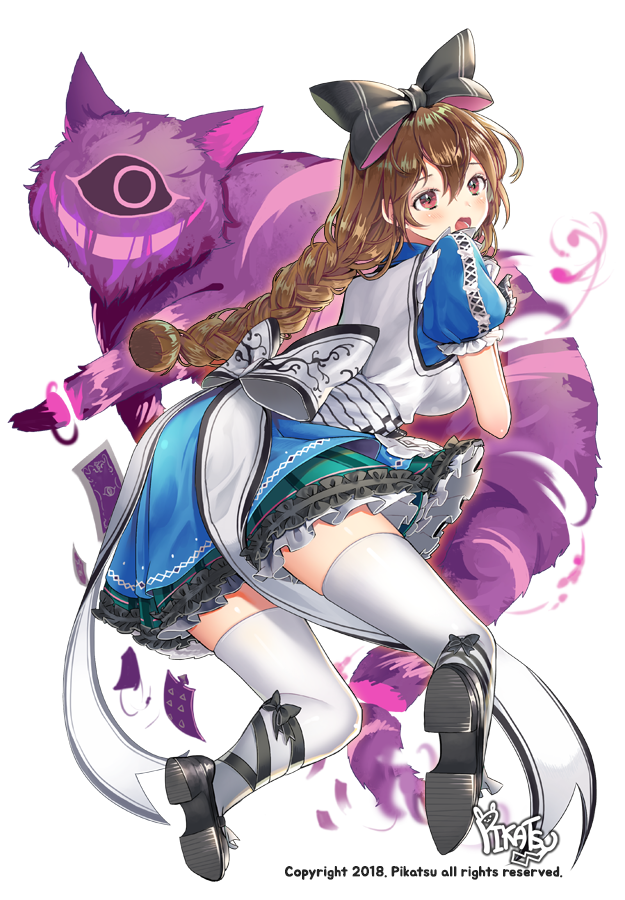 1girl, :o, alice_(alice_in_wonderland), alice_(alice_in_wonderland)_(cosplay), alice's_adventures_in_wonderland, artist_name, black_bow, black_shoes, blue_dress, blush, bow, braid, brown_eyes, brown_hair, card, cat, cheshire_cat_(alice_in_wonderland), cosplay, dress, female_focus, frilled_dress, frills, full_body, hair_bow, looking_back, nolva_(sdorica), pikatsu, playing_card, purple_cat, sdorica, shoes, short_sleeves, solo, thighhighs, transparent_background, watermark, white_bow, white_thighhighs