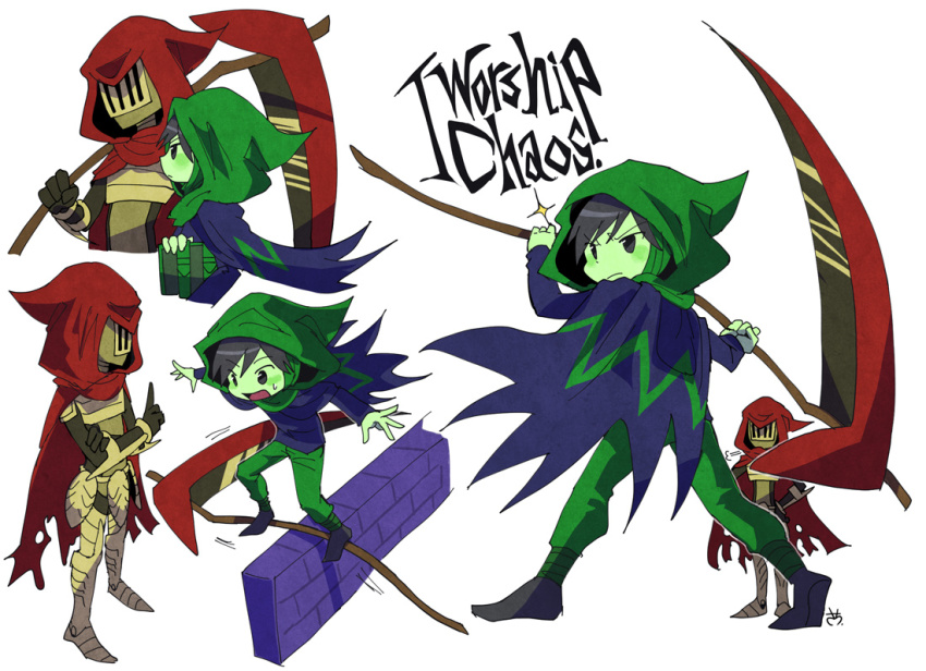 cape, colored_skin, dark_acolyte_(shovel_knight), english_text, green_skin, hood, open_mouth, sachy_(sachichy)