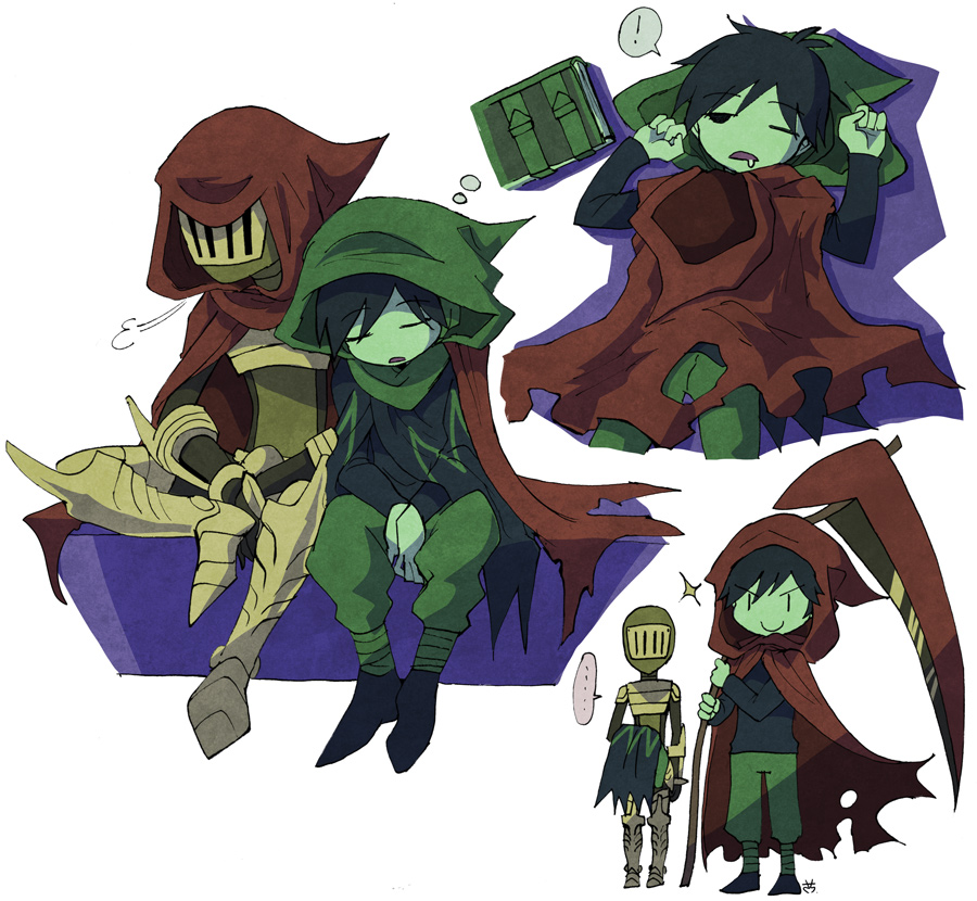 armor, black_hair, dark_acolyte_(shovel_knight), closed_eyes, helmet, hood, lying, on_back