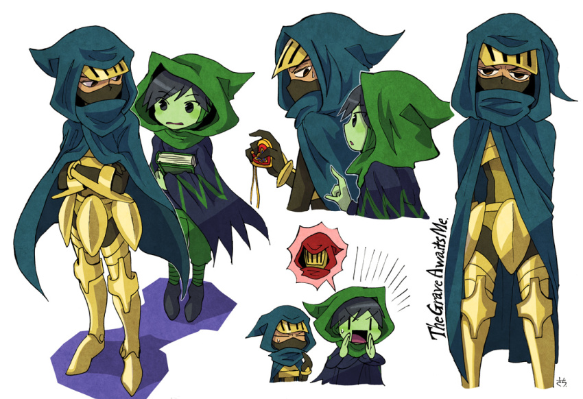 2boys, armor, book, dark_acolyte_(shovel_knight), half_mask, jewelry, locket, male_focus