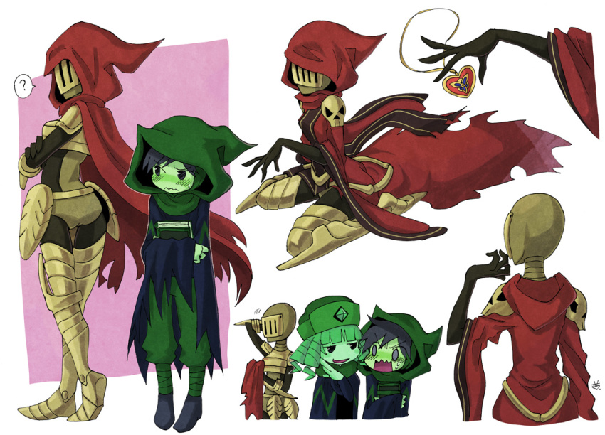 1boy, 2girls, ?, armor, blush, colored_skin, dark_acolyte_(shovel_knight), genderswap