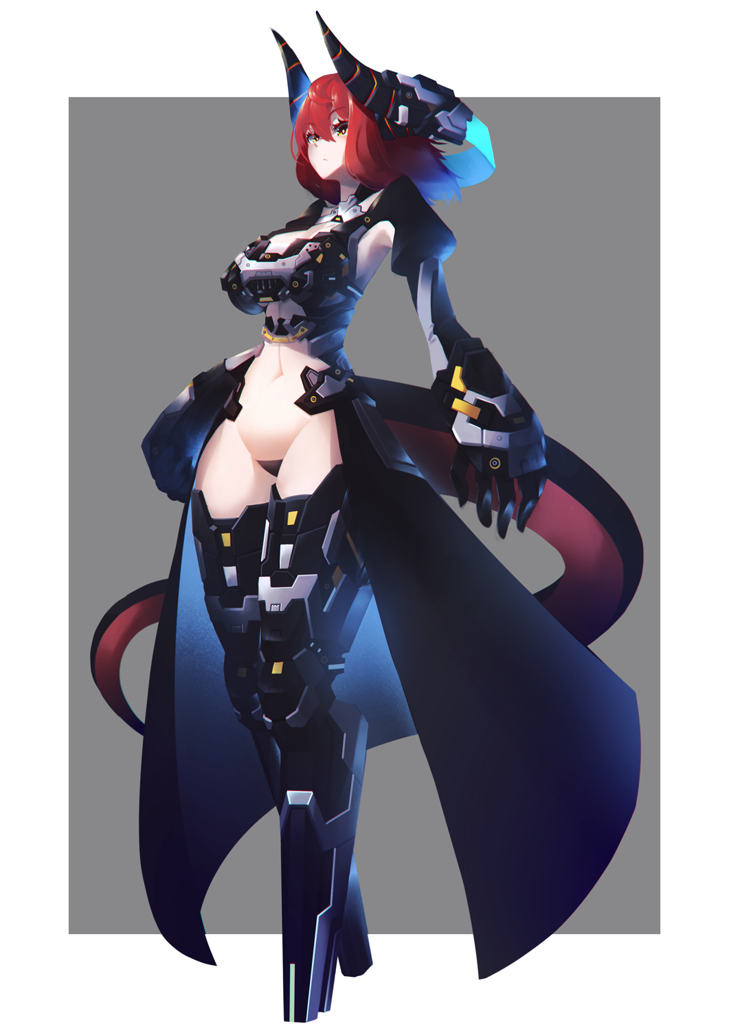 1girl, border, breasts, crotch_plate, grey_background, headgear, highres, horns