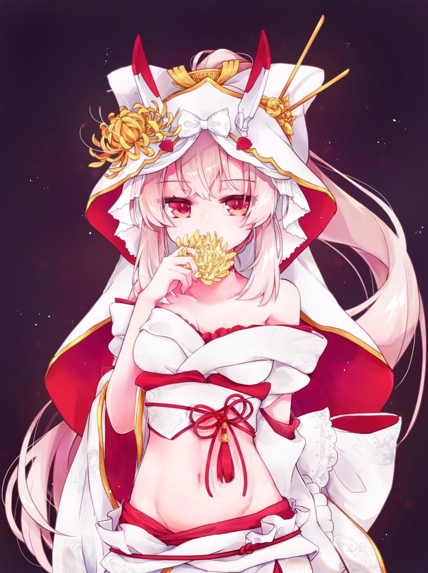 1girl, ayanami_(azur_lane), ayanami_(demon's_finest_dress)_(azur_lane), azur_lane, bare_shoulders, bow, breasts, choker, collarbone, commentary_request, female_focus, fingernails, flower, groin, hair_between_eyes, hand_up, headgear, high_ponytail, highres, holding, holding_flower, hood, hood_up, light_brown_hair, long_hair, long_sleeves, midriff, navel, ponytail, red_choker, red_eyes, red_ribbon, ribbon, shichijou_natori, sidelocks, small_breasts, solo, very_long_hair, wedding_kimono, white_bow, wide_sleeves, yellow_flower