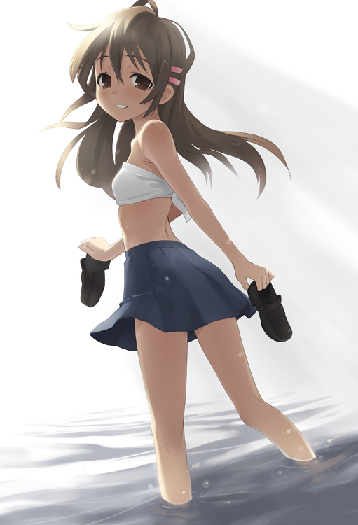 1girl, brown_eyes, brown_hair, dutch_angle, female_focus, from_behind, holding, holding_shoes
