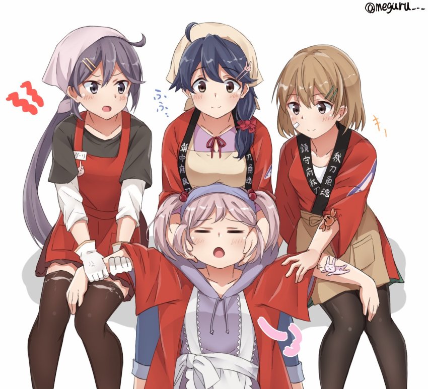 4girls, =_=, ahoge, akebono_(autumn)_(kancolle), akebono_(autumn_mode)_(kancolle), akebono_(kancolle), alternate_costume, anger_vein