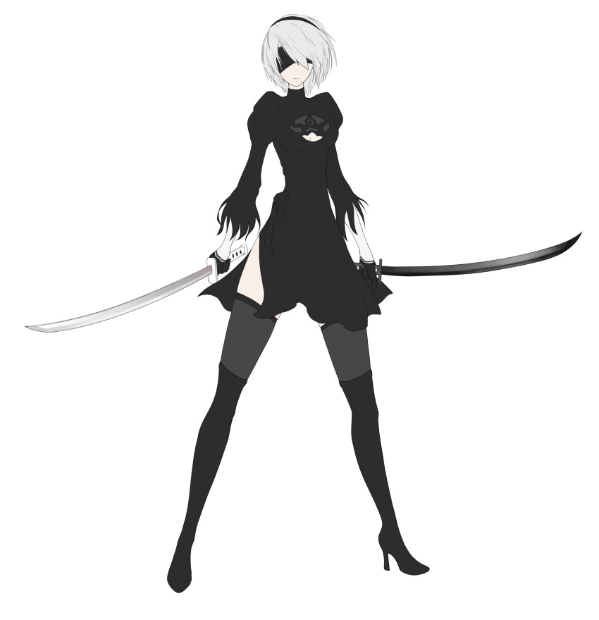 1girl, 2b_(nier:automata), absurdres, black_boots, black_dress, black_hairband, blindfold, boots