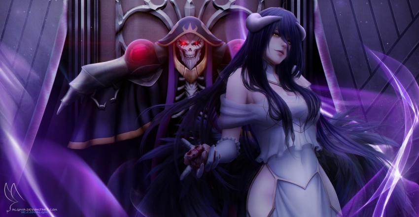 1boy, 1girl, ainz_ooal_gown, albedo_(overlord), alqmia, black_hair, black_wings, blood