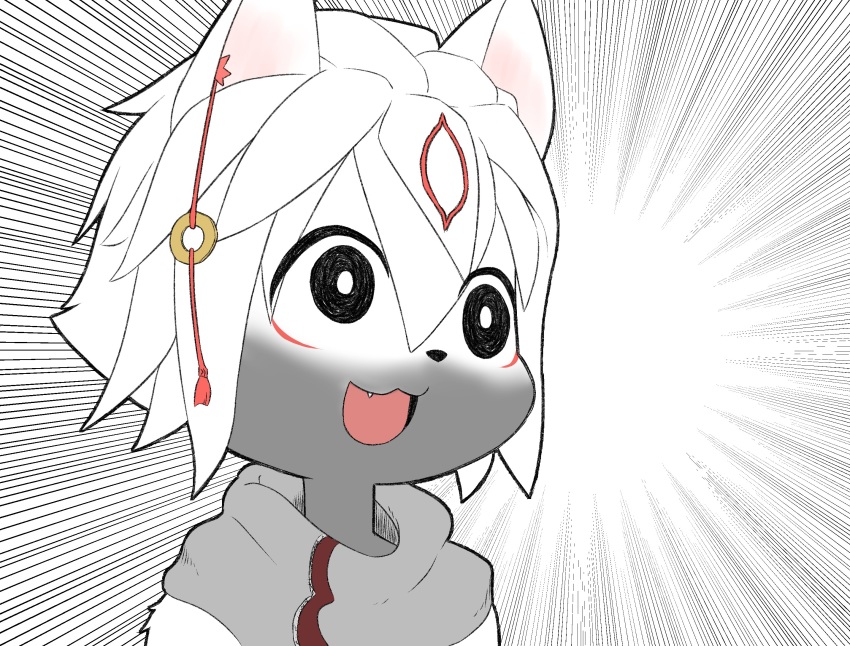 :3, animal_ears, black_eyes, cat_ears, character_request, emphasis_lines, fang, furry