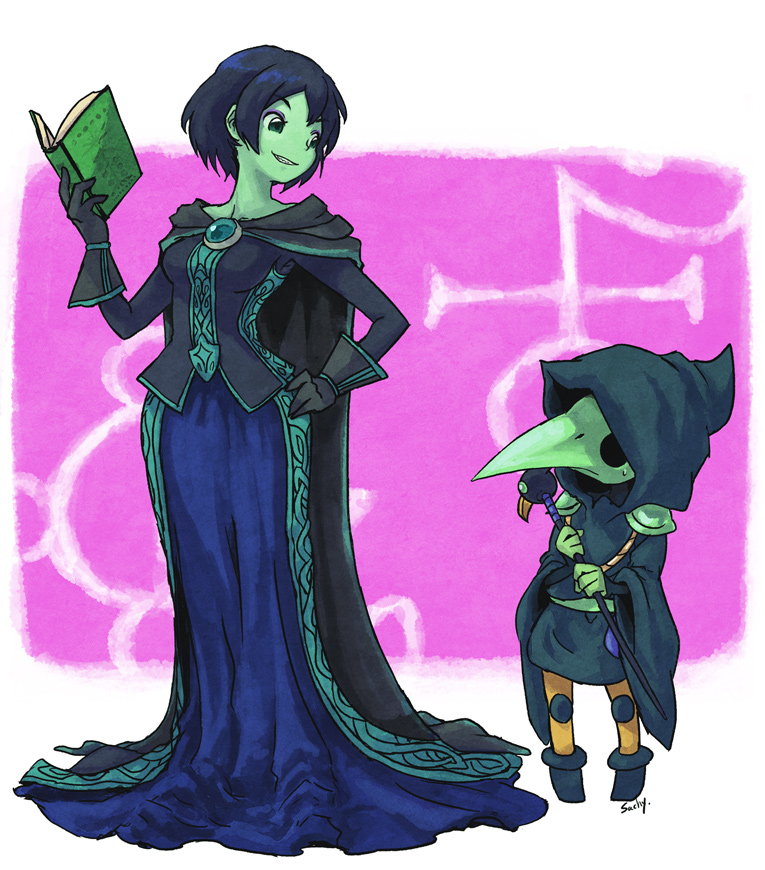 1boy, 1girl, black_hair, book, cape, colored_skin, dress, green_skin
