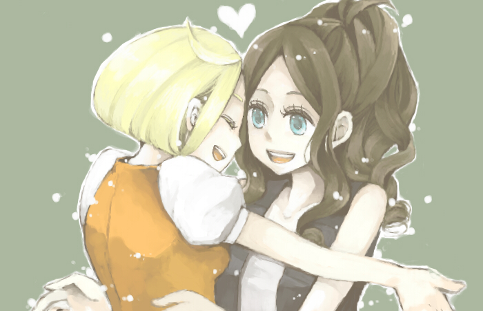 2girls, bad_id, bad_pixiv_id, bianca_(pokemon), blue_eyes, breasts, brown_hair, closed_eyes