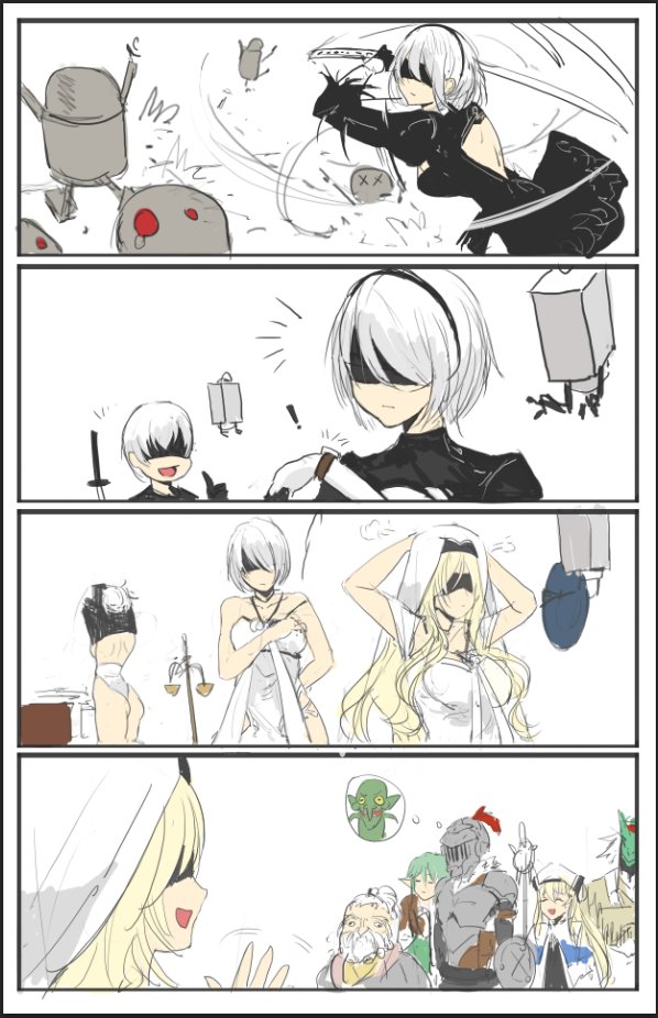 !, 10s, 1girl, 2b_(nier:automata), 4koma, 9s_(nier:automata), black_hairband, blindfold, blonde_hair, colored_skin, comic, crossover, dressing, dwarf_shaman_(goblin_slayer!), furry, furry_male, goblin_slayer, goblin_slayer!, green_skin, hairband, high_elf_archer_(goblin_slayer!), katana, kuroduki, lizard_priest_(goblin_slayer!), long_hair, nier:automata, nier_(series), pod_(nier:automata), pointy_ears, priestess_(goblin_slayer!), short_hair, silver_hair, sword, sword_maiden, undressing, watch, weapon, white_background, wristwatch