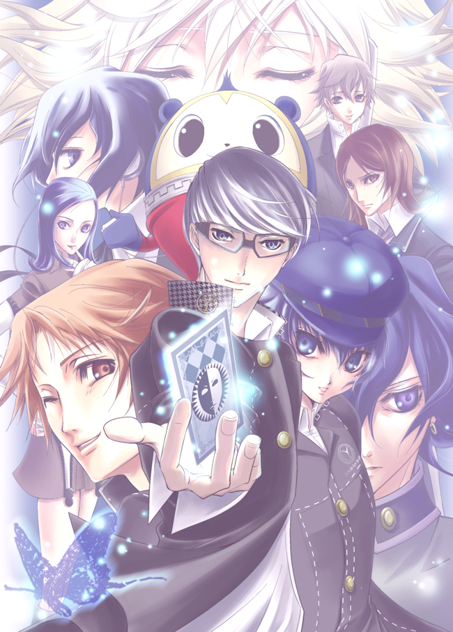 00s, 2girls, 6+boys, amano_maya, atlus, blue_hair, brown_hair, bug